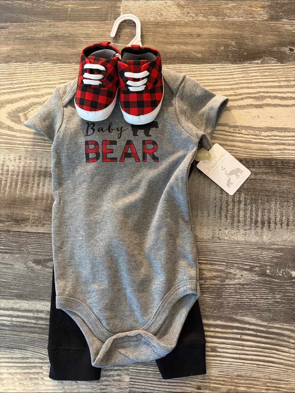 Gray 'Baby Bear' Bodysuit & Red Buffalo Plaid Baby Shoes Matching Set
